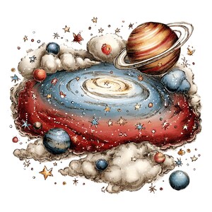 May include: A detailed illustration of a spiral galaxy with a central white core, surrounded by a red and blue nebula, scattered stars, and various planets, including one with prominent rings, all nestled among soft, textured gray clouds.