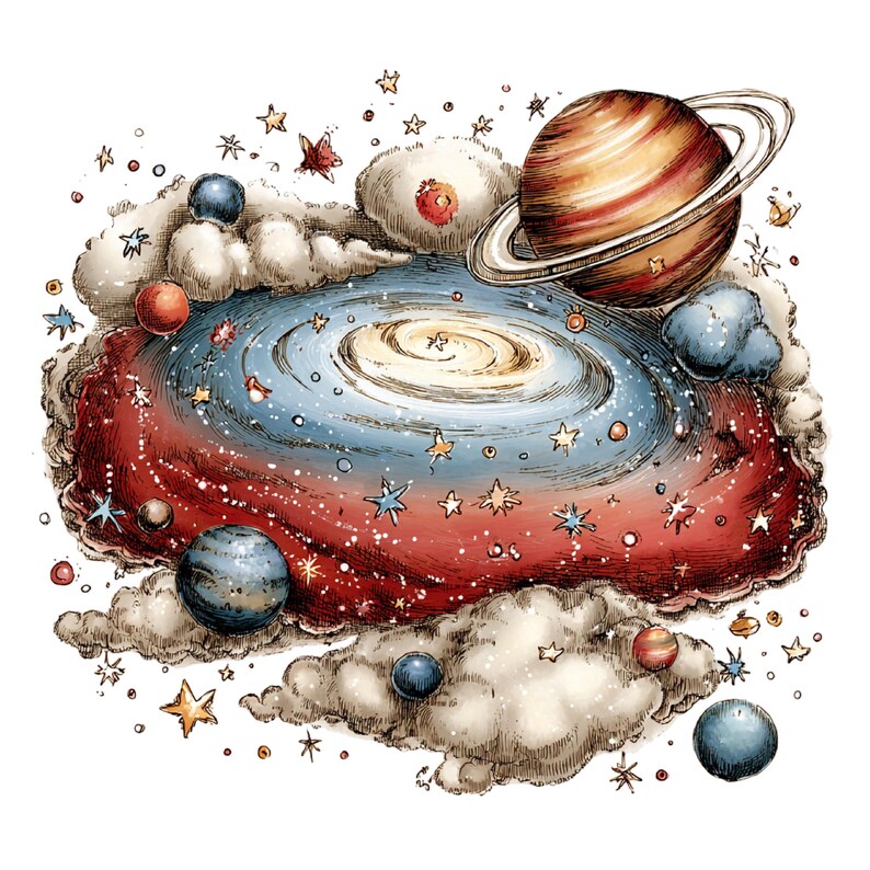 May include: A detailed illustration of a spiral galaxy with a central white core, surrounded by a red and blue nebula, scattered stars, and various planets, including one with prominent rings, all nestled among soft, textured gray clouds.