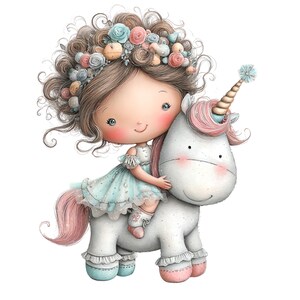 Puede incluir: Ilustraci&oacute;n caprichosa de una ni&ntilde;a montada en un unicornio blanco. La ni&ntilde;a tiene cabello casta&ntilde;o adornado con una corona floral y viste un vestido azul claro. El unicornio tiene una melena y cola rosas, y un cuerno en espiral.
