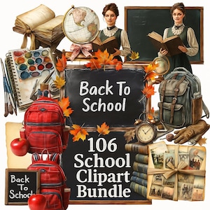 Vintage School Clipart Bundle: 106 PNG Images, Commercial Use (Digital Download)