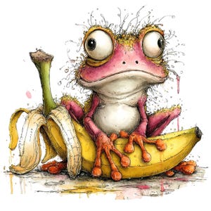 May include: A whimsical illustration of a pink frog with large eyes, sitting on a yellow banana. The banana peel is partially removed, revealing the fruit. The frog has orange feet and hands, with a slightly messy, textured appearance.