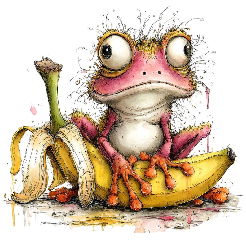 May include: A whimsical illustration of a pink frog with large eyes, sitting on a yellow banana. The banana peel is partially removed, revealing the fruit. The frog has orange feet and hands, with a slightly messy, textured appearance.