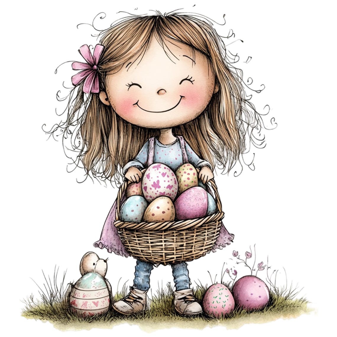 May include: A cartoon illustration of a smiling girl holding a wicker basket filled with decorated Easter eggs. She wears a pink flower in her hair, a light blue dress, and jeans. Several decorated eggs are on the grass near her.