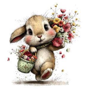 May include: A watercolor illustration of a brown bunny with a green scarf, holding a basket of Easter eggs and a bouquet of red, yellow, and white flowers. The bunny has pink cheeks and is set against a white background.