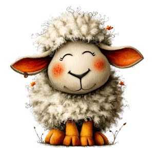 Op de afbeelding: Een vrolijk cartoon schaap met zachte witte wol, roze wangen en een glimlachende uitdrukking. Het schaap heeft oranje oren en poten, met kleine oranje bloemen die zijn wol sieren. De afbeelding staat tegen een witte achtergrond, wat een grillige en vriendelijke uitstraling cre&euml;ert.