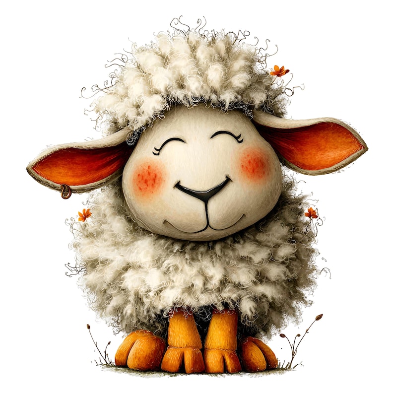Op de afbeelding: Een vrolijk cartoon schaap met zachte witte wol, roze wangen en een glimlachende uitdrukking. Het schaap heeft oranje oren en poten, met kleine oranje bloemen die zijn wol sieren. De afbeelding staat tegen een witte achtergrond, wat een grillige en vriendelijke uitstraling cre&euml;ert.