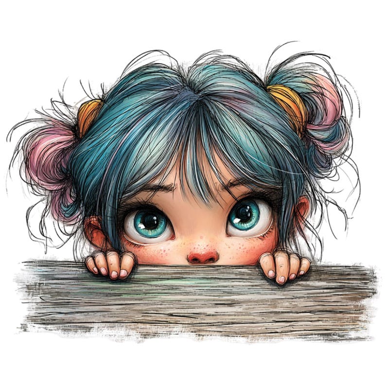 K&ouml;nnte beinhalten: Illustration eines M&auml;dchens mit blauen Haaren und t&uuml;rkisfarbenen Augen, das &uuml;ber eine Holzoberfl&auml;che blickt. Das M&auml;dchen hat Sommersprossen und tr&auml;gt ihr Haar in zwei Z&ouml;pfen mit rosa und gelben Akzenten. Die Illustration hat einen Cartoon-Stil.