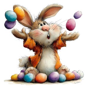 May include: A whimsical illustration of a brown and white rabbit wearing an orange jacket, juggling colorful Easter eggs. The rabbit has a surprised expression, with eggs falling and resting at its feet. A festive and playful image.