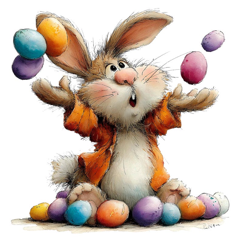 May include: A whimsical illustration of a brown and white rabbit wearing an orange jacket, juggling colorful Easter eggs. The rabbit has a surprised expression, with eggs falling and resting at its feet. A festive and playful image.