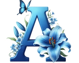 36 PNG Blue Floral Monogram Alphabet Bundle,HighResolution Images,Alphabet Png, Instant Download,Transparent Background PNG,PNG Files