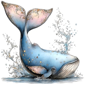 May include: Watercolor illustration of a blue whale breaching the water. The whale's body is adorned with gold accents and intricate patterns on its tail. Water splashes around the whale, creating a dynamic and artistic scene.