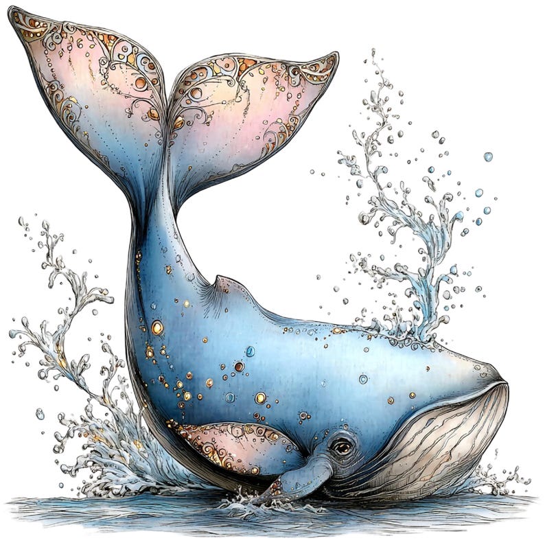 May include: Watercolor illustration of a blue whale breaching the water. The whale's body is adorned with gold accents and intricate patterns on its tail. Water splashes around the whale, creating a dynamic and artistic scene.