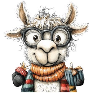 K&ouml;nnte beinhalten: Aquarellillustration eines l&auml;chelnden Lamas mit schwarzer Brille, einem orangefarbenen Schal und einem Geschenk. Das Lama hat flauschiges wei&szlig;es Fell und braune Ohren. Es tr&auml;gt auch einen rot-blau-schwarz gestreiften Hut.
