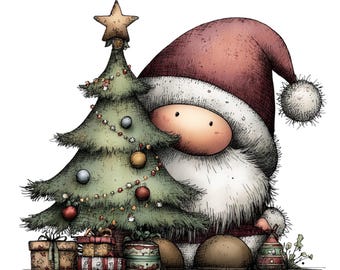 以下が含まれることがあります： 装飾されたクリスマスツリーの後ろから覗くサンタクロースのキャラクターの気まぐれなイラスト。ツリーはオーナメントと星で飾られています。プレゼントはベースにあります。サンタは白いトリムとふわふわのひげが付いた赤い帽子をかぶっています。