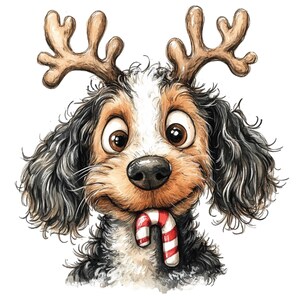 K&ouml;nnte beinhalten: Aquarellillustration eines Hundes mit braunen Augen, der ein Rentiergeweih tr&auml;gt und eine Zuckerstange h&auml;lt. Der Hund hat schwarzes, wei&szlig;es und braunes Fell mit &uuml;berraschtem Gesichtsausdruck. Die Zuckerstange ist rot und wei&szlig;.