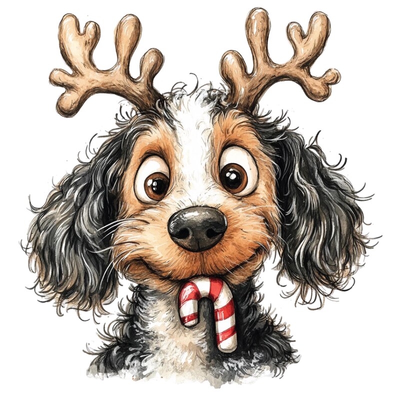 K&ouml;nnte beinhalten: Aquarellillustration eines Hundes mit braunen Augen, der ein Rentiergeweih tr&auml;gt und eine Zuckerstange h&auml;lt. Der Hund hat schwarzes, wei&szlig;es und braunes Fell mit &uuml;berraschtem Gesichtsausdruck. Die Zuckerstange ist rot und wei&szlig;.