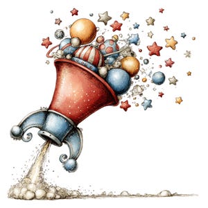 May include: A red and blue rocket-shaped horn launching a collection of colorful spheres and star-shaped confetti. The rocket features a striped pattern, metallic blue fins, and a plume of smoke at the base, rendered in a detailed ink and watercolor style.