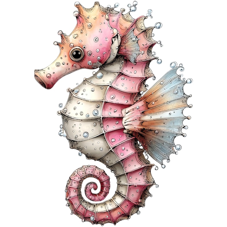 May include: A detailed illustration of a seahorse with a pink, white, and peach color scheme. The seahorse has a curled tail and a detailed fin. Bubbles surround the seahorse, adding to the aquatic theme.