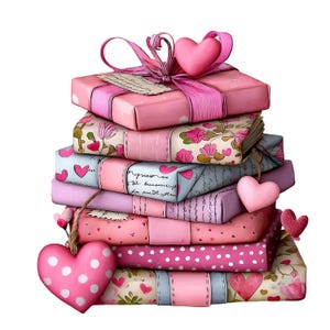 May include: A stack of wrapped gifts in various shades of pink, adorned with ribbons and heart-shaped ornaments. The gifts are decorated with floral and polka dot patterns, creating a festive and romantic aesthetic.
