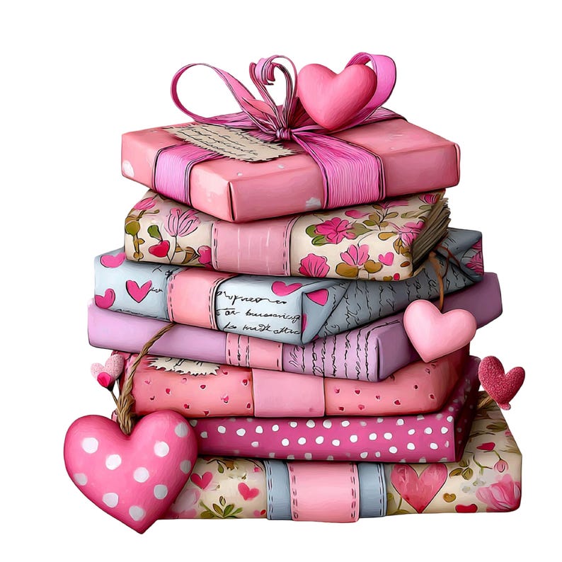 May include: A stack of wrapped gifts in various shades of pink, adorned with ribbons and heart-shaped ornaments. The gifts are decorated with floral and polka dot patterns, creating a festive and romantic aesthetic.