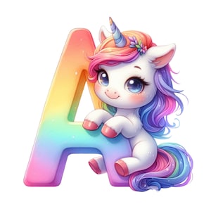 36 PNG Watercolor Cute Unicorn Alphabet Clipart,Digital Clipart,Printable Art,Instant Download,Digital Download,Commercial Use Clipart