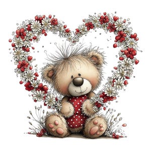 May include: A whimsical illustration of a teddy bear sitting in front of a heart-shaped floral arrangement. The bear is light brown with a red polka-dot dress. The heart is made of red and white flowers, with a few small red hearts.