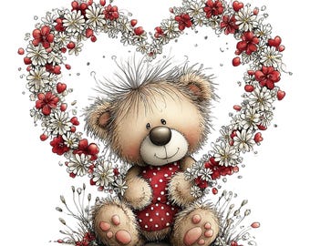 Whimsical Valentine Teddy Bear Set: Romantic Animal Art Bundle 38 PNG