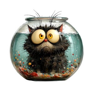 May include: A round glass fishbowl filled with water and colourful pebbles at the bottom. Inside the bowl sits a fluffy, black, long-haired creature with large, wide, yellow eyes, a small pink nose, and long whiskers, appearing submerged in the water.