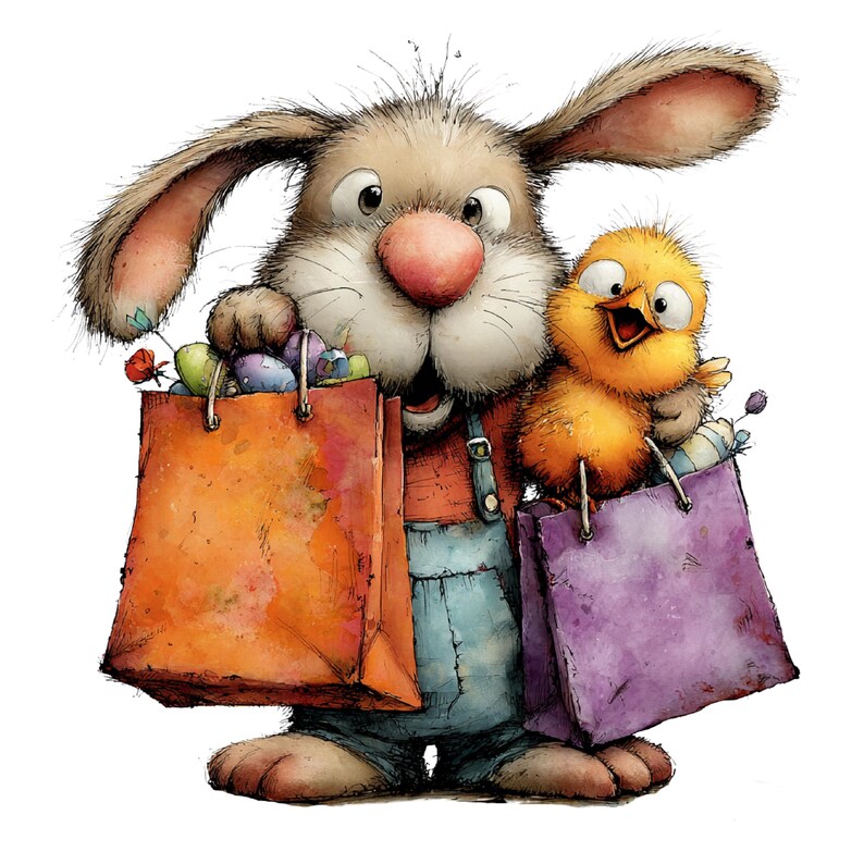 May include: A whimsical illustration of an Easter bunny and a chick holding shopping bags. The bunny, with brown fur and pink nose, wears overalls and carries an orange bag filled with Easter eggs. The chick holds a purple bag.