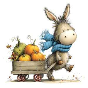 May include: A fluffy brown donkey with a blue scarf pulling a wooden wagon filled with three orange pumpkins and one green gourd. The wagon has four red wheels and the donkey has dark brown hooves, depicted in a detailed, sketch-like illustration.