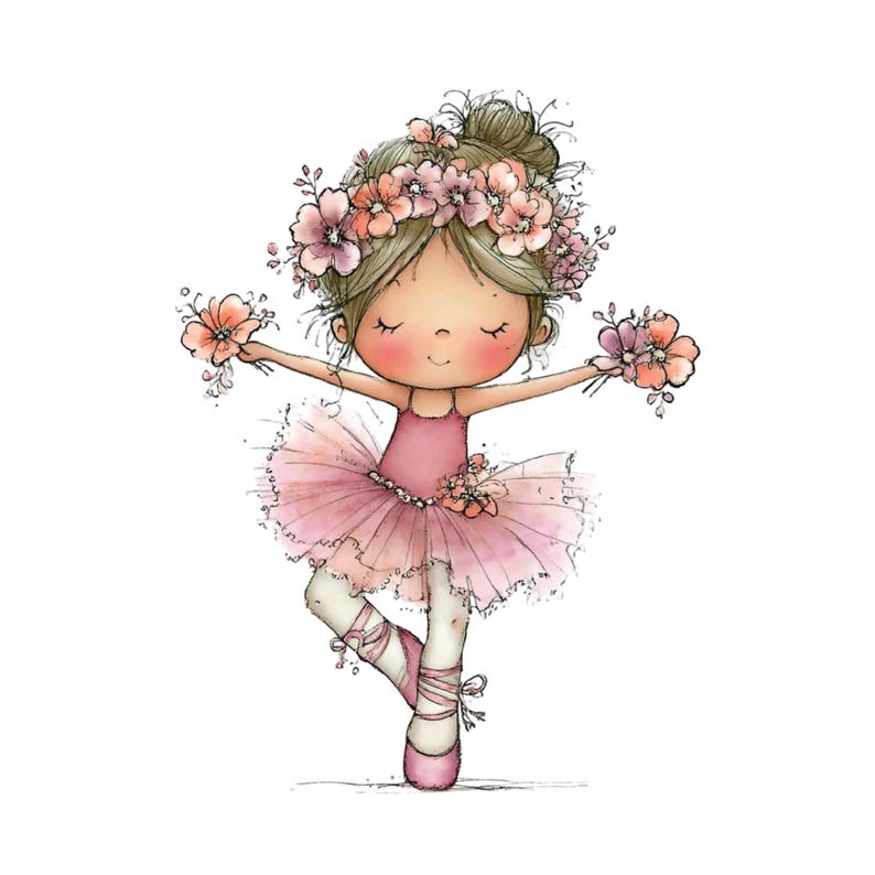 May include: Illustration of a ballerina in a pink tutu and pointe shoes, holding flowers. The ballerina has a flower crown and is in a ballet pose. The image is a watercolor style with soft colors and a white background.