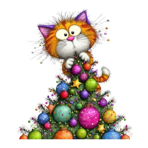May include: A whimsical illustration of a cartoon cat with orange and white fur, purple ears, and big eyes, perched atop a decorated Christmas tree. The tree is adorned with colorful ornaments and a golden star.