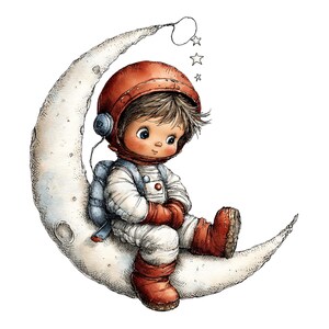 May include: A watercolor illustration of a child in a white and red spacesuit with a matching helmet, sitting on a crescent moon. The child wears blue headphones and a blue backpack, with small hand-drawn stars floating above the helmet.