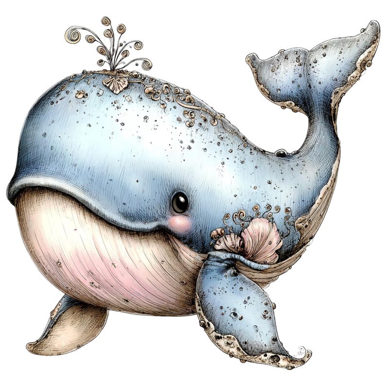 May include: A whimsical illustration of a blue whale with a light pink belly and accents. The whale features decorative embellishments, including seashells and a decorative spray on top of its head. The artwork has a hand-drawn, watercolor style.