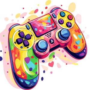 Puede incluir: Un mando de videojuegos colorido con un diseño vibrante. El mando presenta una mezcla de colores brillantes, incluyendo amarillo, rosa, azul y verde, con patrones de corazones y puntos. Los botones y joysticks son de colores contrastantes.