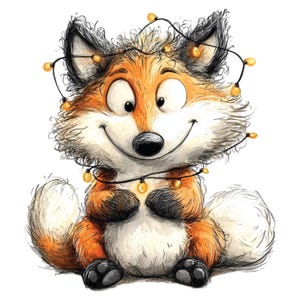 K&ouml;nnte beinhalten: Eine Illustration eines l&auml;chelnden Fuchses mit orangefarbenem und wei&szlig;em Fell. Der Fuchs tr&auml;gt eine Girlande aus gelben Lichtern um Kopf und Hals. Er sitzt mit zusammengelegten Pfoten und hat gro&szlig;e, offene Augen.