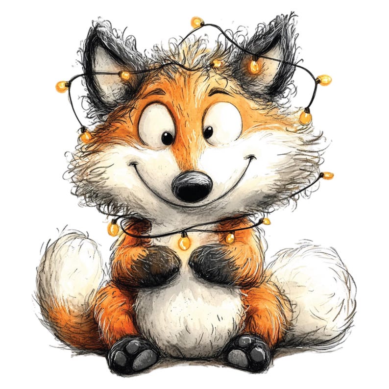 K&ouml;nnte beinhalten: Eine Illustration eines l&auml;chelnden Fuchses mit orangefarbenem und wei&szlig;em Fell. Der Fuchs tr&auml;gt eine Girlande aus gelben Lichtern um Kopf und Hals. Er sitzt mit zusammengelegten Pfoten und hat gro&szlig;e, offene Augen.
