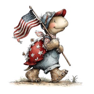 Puede incluir: Ilustraci&oacute;n en acuarela de una tortuga con gorra roja, gafas y peto vaquero, que lleva una bandera americana y una capa roja con estrellas blancas. La tortuga camina sobre hierba, celebrando un tema patri&oacute;tico.