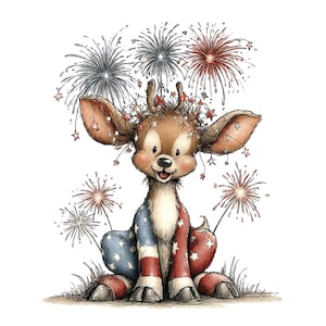 Puede incluir: Ilustraci&oacute;n en acuarela de un ciervo decorado con estrellas y rayas rojas, blancas y azules, que se asemeja a la bandera estadounidense. Fuegos artificiales estallan sobre la cabeza del ciervo y a su alrededor, creando una escena festiva y patri&oacute;tica.