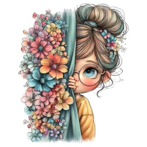 K&ouml;nnte beinhalten: Eine skurrile Illustration eines M&auml;dchens, das hinter einem t&uuml;rkisfarbenen Vorhang hervorlugt, umgeben von bunten Blumen. Das M&auml;dchen hat gro&szlig;e blaue Augen, eine runde Brille und ein gelbes Oberteil. Die Blumen sind in Rosa-, Orange-, Blau- und Gelbt&ouml;nen gehalten.