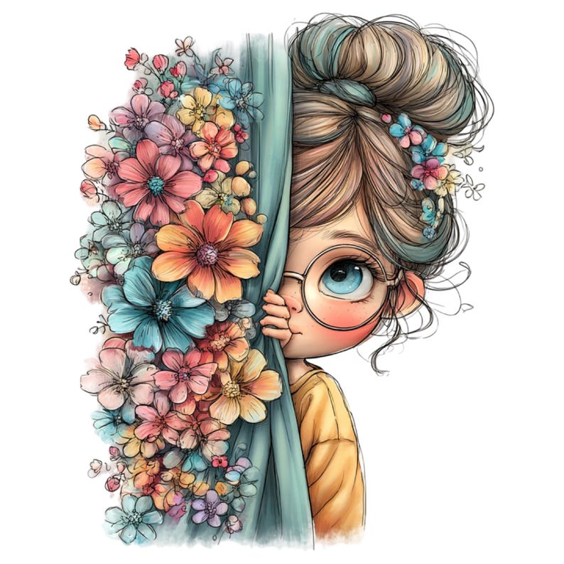 K&ouml;nnte beinhalten: Eine skurrile Illustration eines M&auml;dchens, das hinter einem t&uuml;rkisfarbenen Vorhang hervorlugt, umgeben von bunten Blumen. Das M&auml;dchen hat gro&szlig;e blaue Augen, eine runde Brille und ein gelbes Oberteil. Die Blumen sind in Rosa-, Orange-, Blau- und Gelbt&ouml;nen gehalten.