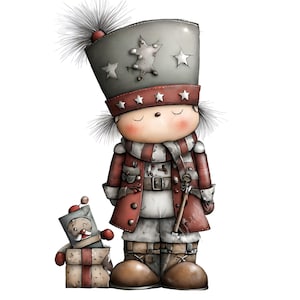 May include: A whimsical illustration of a toy soldier with a large gray hat adorned with stars. The soldier wears a red and white striped scarf and coat, with a small toy robot next to it. The overall design has a charming, storybook feel.