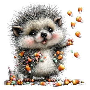May include: A fluffy, grey and white hedgehog illustration with rosy cheeks, standing upright and surrounded by scattered orange, yellow, and white candy corn pieces, with two small glass jars filled with colorful candies at its feet.