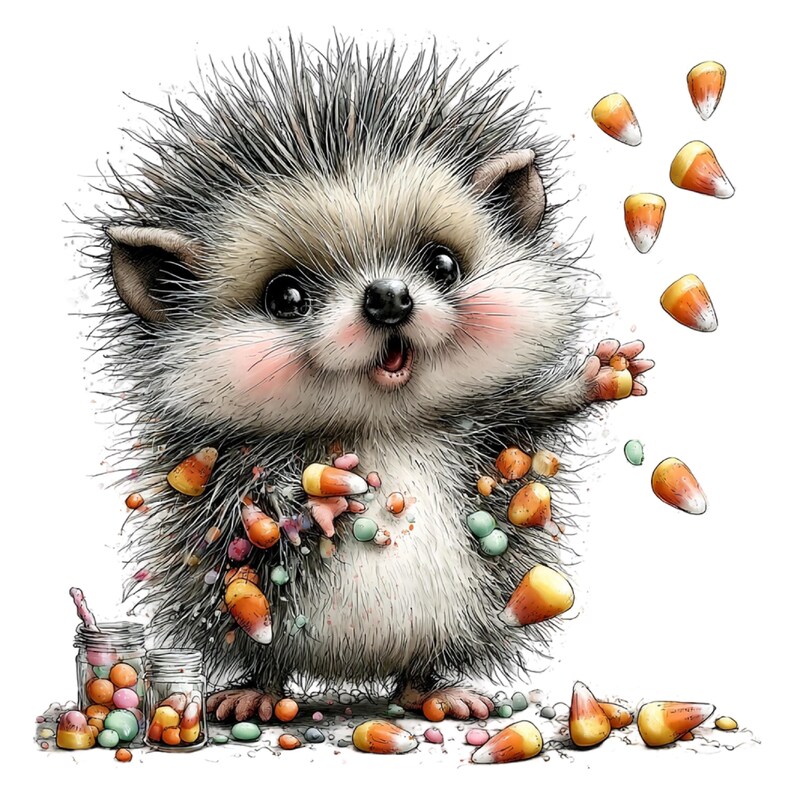 May include: A fluffy, grey and white hedgehog illustration with rosy cheeks, standing upright and surrounded by scattered orange, yellow, and white candy corn pieces, with two small glass jars filled with colorful candies at its feet.