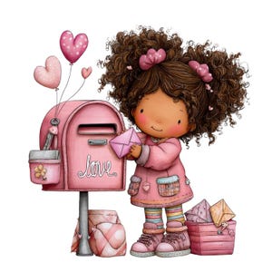 May include: A cartoon illustration of a young person in a pink coat, placing a pink envelope into a pink mailbox. The mailbox has the word "love" on it. Pink heart-shaped balloons float above the mailbox. A box of letters and a stack of envelopes are at the person's feet.