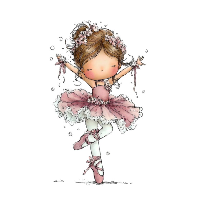 May include: A charming illustration of a ballerina in a pink tutu and pointe shoes. The ballerina has brown hair adorned with flowers and is in a graceful pose with arms outstretched. The artwork has a soft, whimsical style, perfect for children's decor.