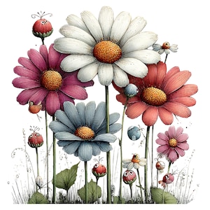 May include: A whimsical illustration of colorful daisies in shades of white, pink, red, and blue, with orange centers. The flowers have long green stems and are surrounded by small, cartoonish creatures and grass, all set against a white background.