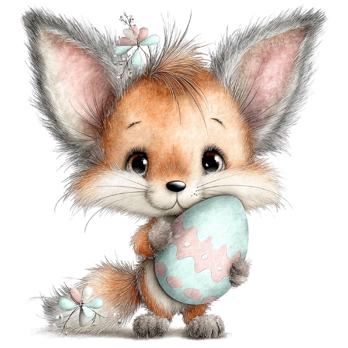 May include: A watercolor illustration of a cute fox holding a pastel Easter egg. The fox has orange fur, large eyes, and a flower crown. The egg is light blue with pink polka dots.