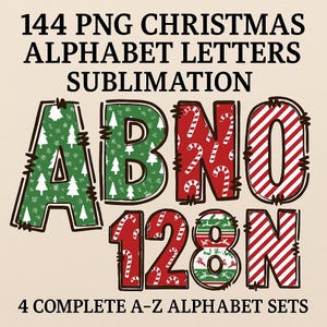 144 PNG Christmas Alphabet Letters Sublimation,Christmas Alphabet PNG Clipart,Festive Letters,Digital Download,Christmas clipart,Number PNG