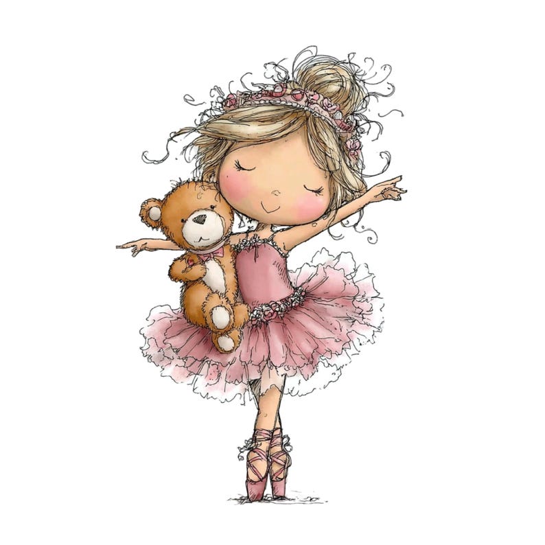 May include: A charming illustration of a young ballerina in a pink tutu and pointe shoes, holding a teddy bear. She has blonde hair adorned with a floral crown and is in a graceful pose, arms outstretched. The artwork has a soft, whimsical style.